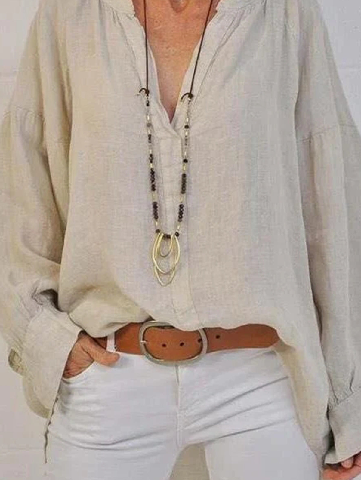 Casual V Neck Solid Color Long Sleeve Loose Blouse