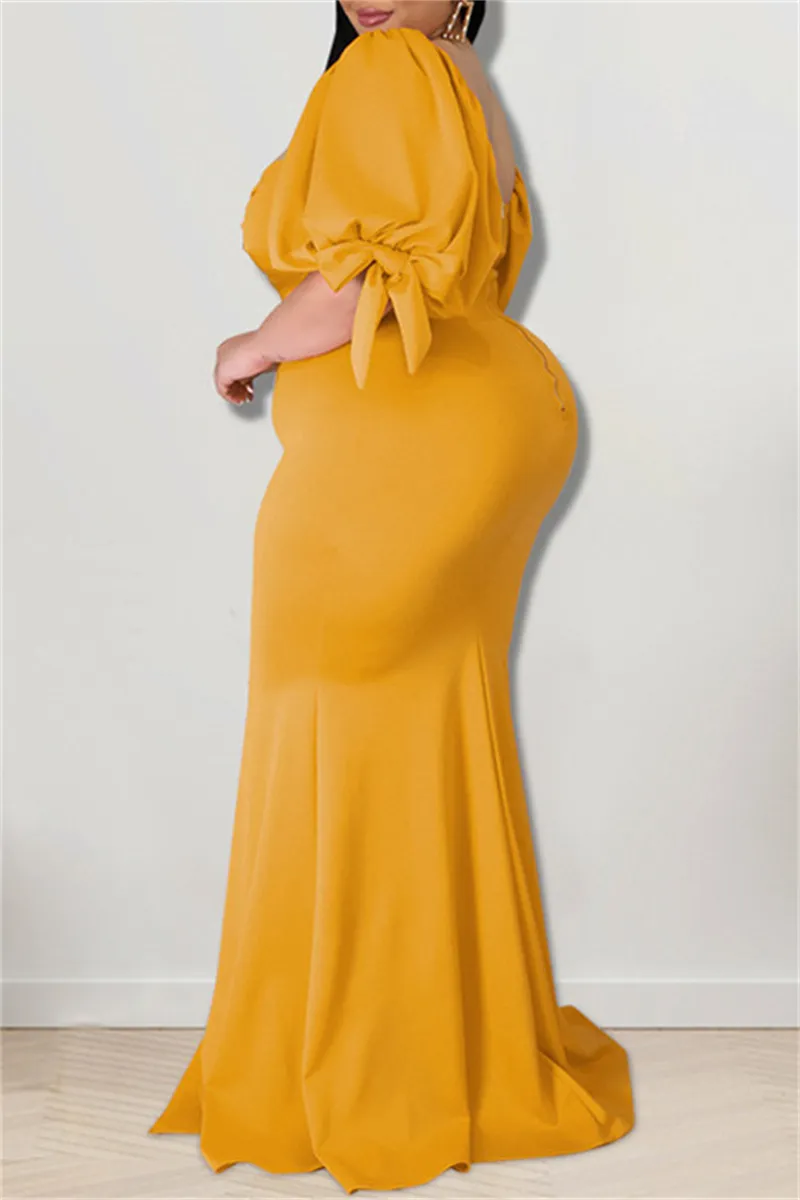 Yellow Fashion Sexy Plus Size Solid Backless Slit Square Collar Evening Dress