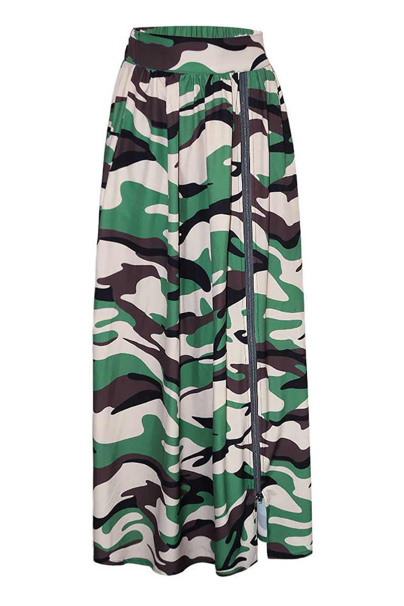 High Slit Camo Print Pleated Maxi Skirt