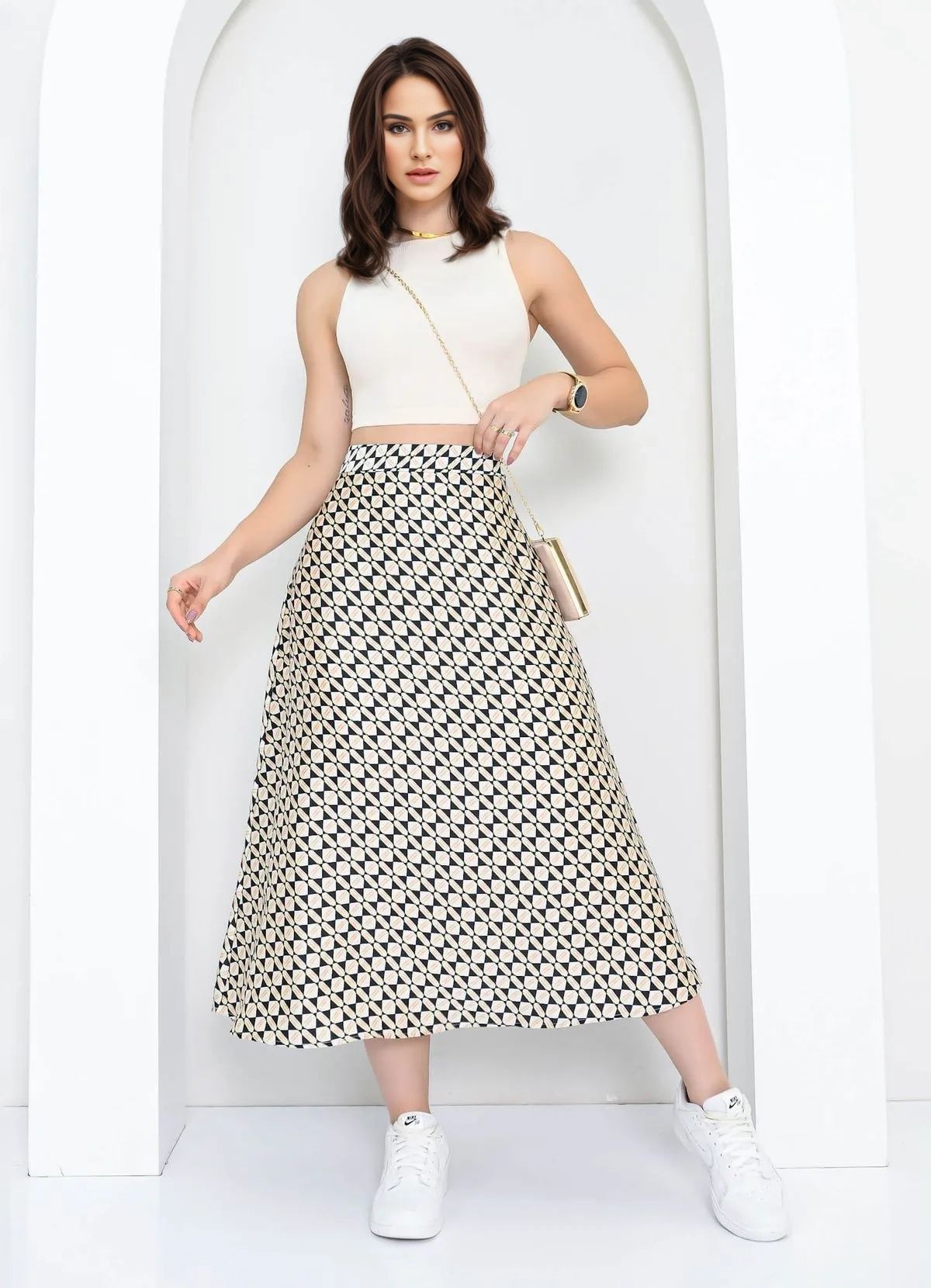 Coffee High Waist Midi Skirt - P;Beige