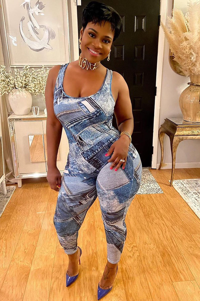 Patchwork Denim Print U Neck Tank Skinny Jumpsuit