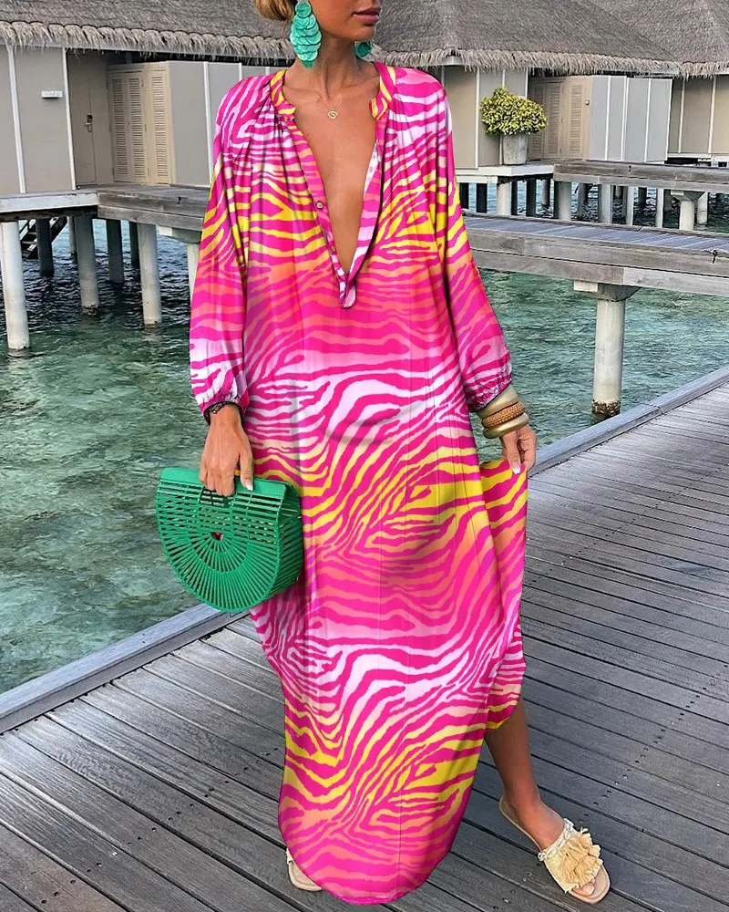 Women Printed V-Neck Long Sleeve Long Dress