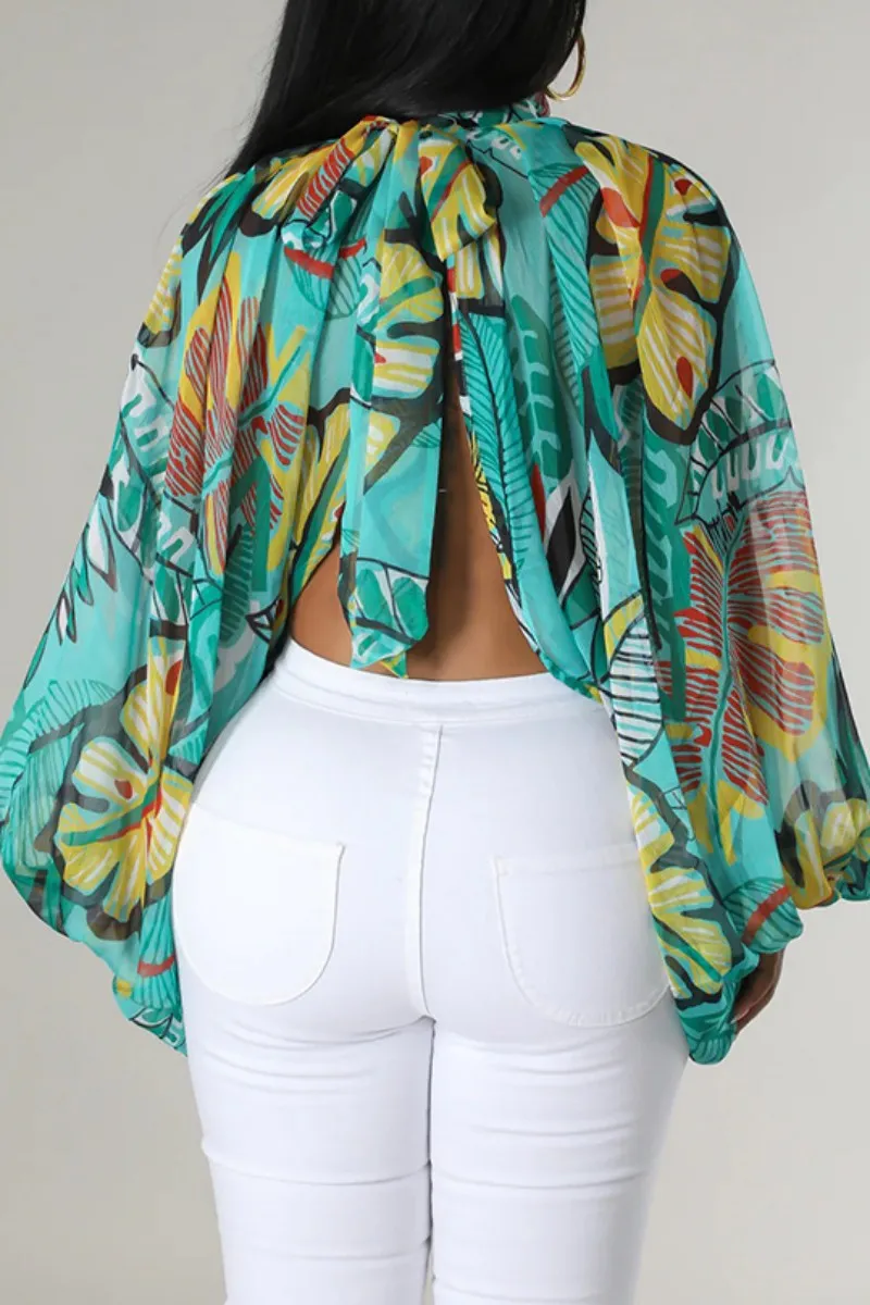 Light Green Casual Print Patchwork Slit Half A Turtleneck Tops