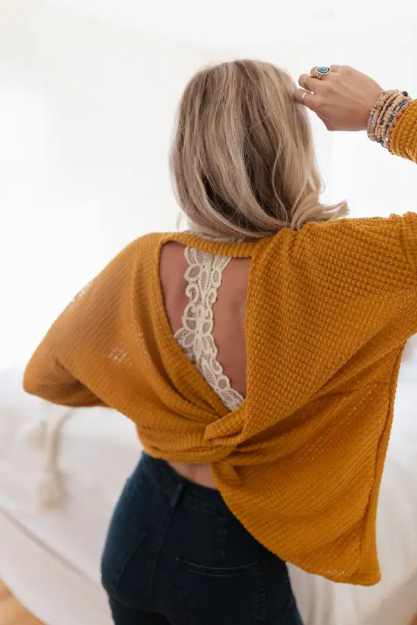 Flattering Open Back Thermal Knit Top - Mustard