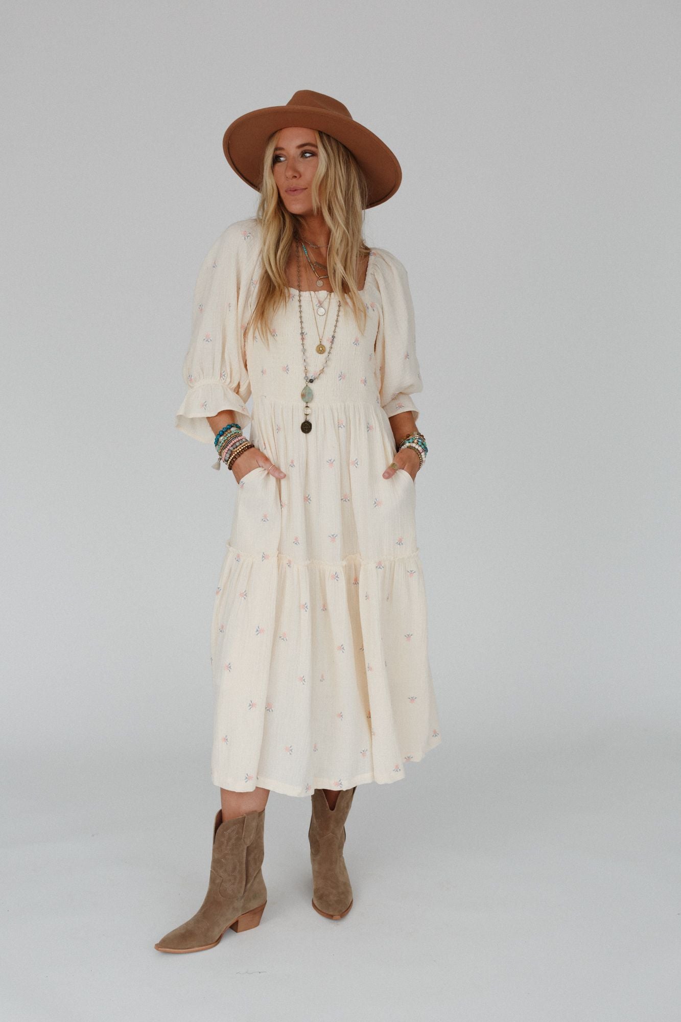 Dahlia Floral Embroidered Maxi Dress - Cream