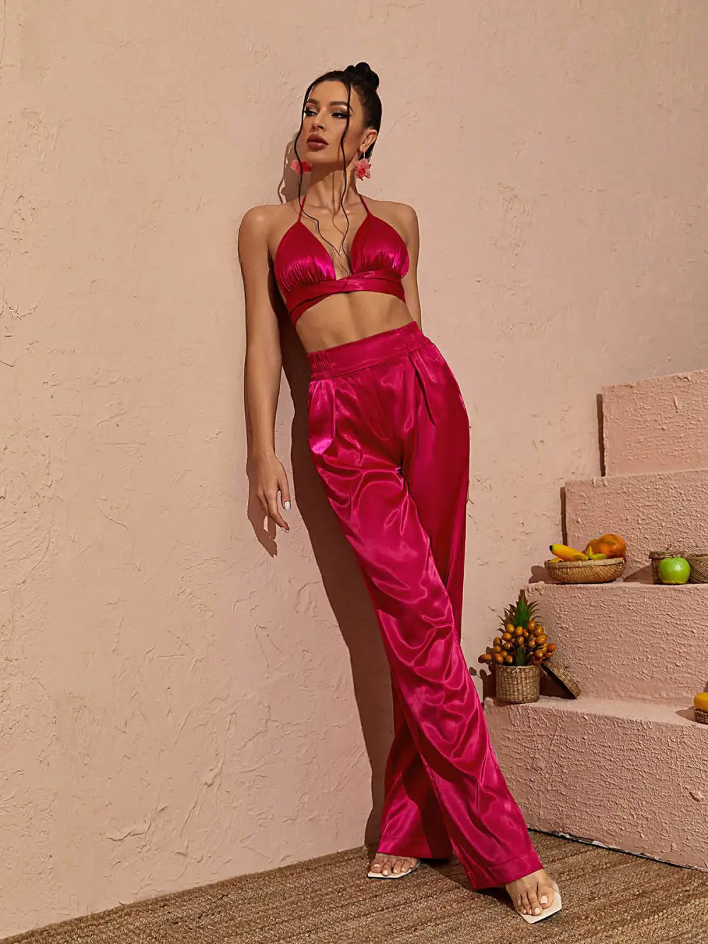 Zariyah Halterneck Satin Set In Hot Pink