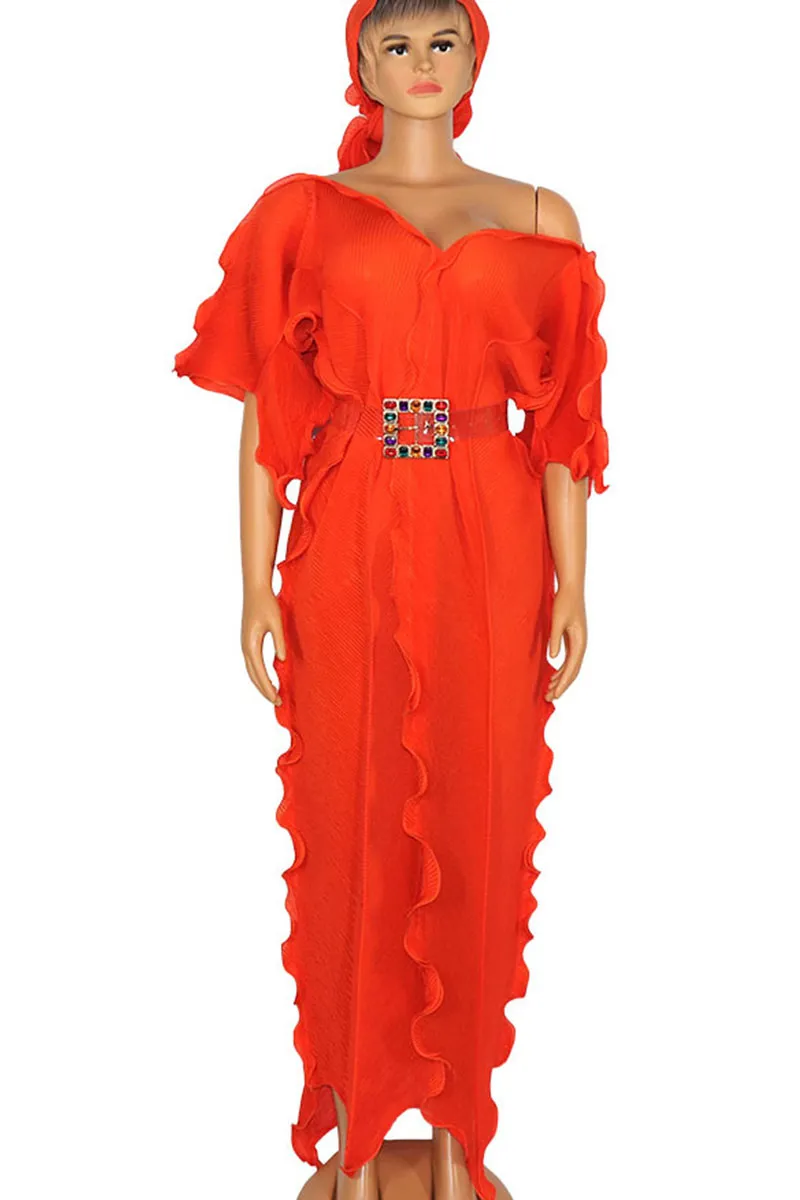 Tangerine Elegant Solid Patchwork Flounce With Belt V Neck One Step Skirt Dresses