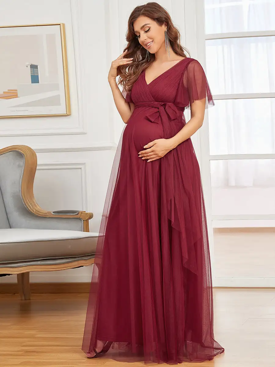 Short Ruffles Sleeves V Neck A Line Wholesale Maternity Dresses