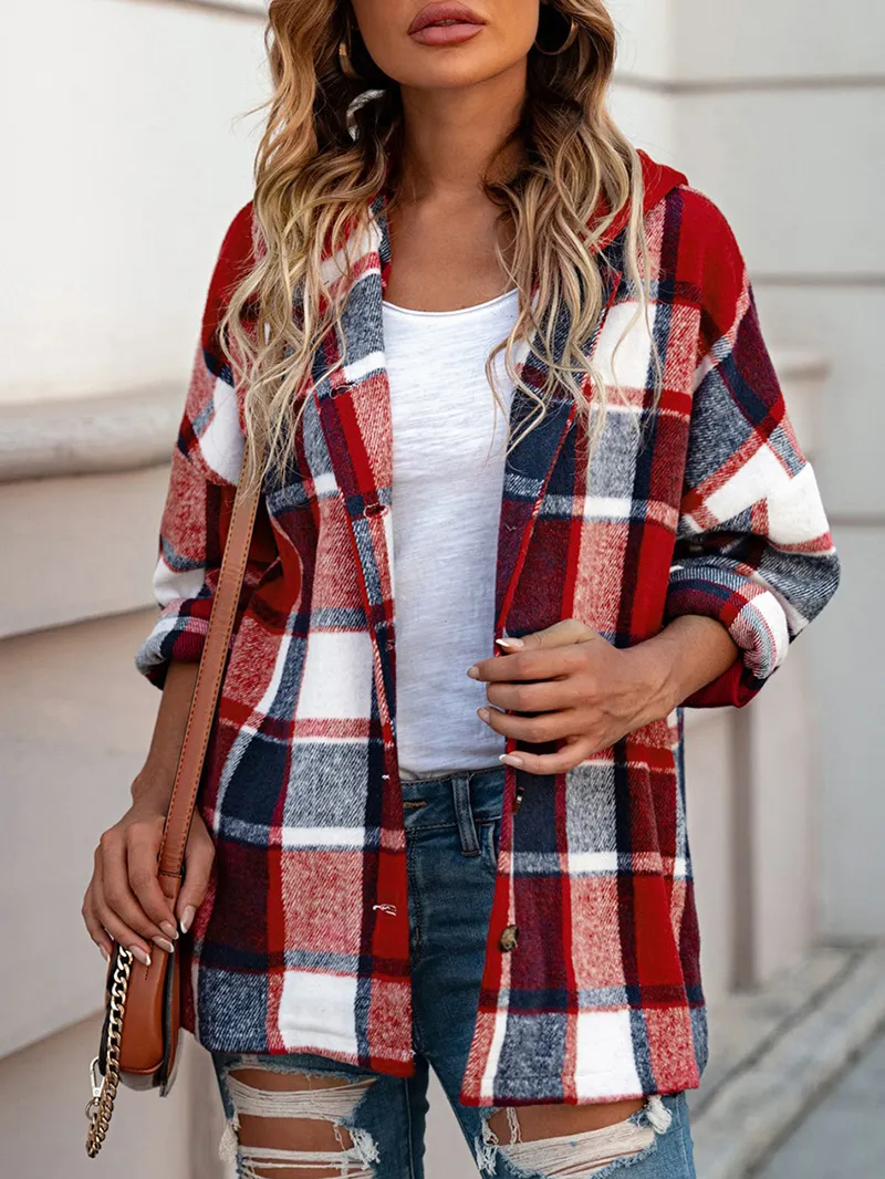 Fiery Red Hooded Plaid Button Front Shacket