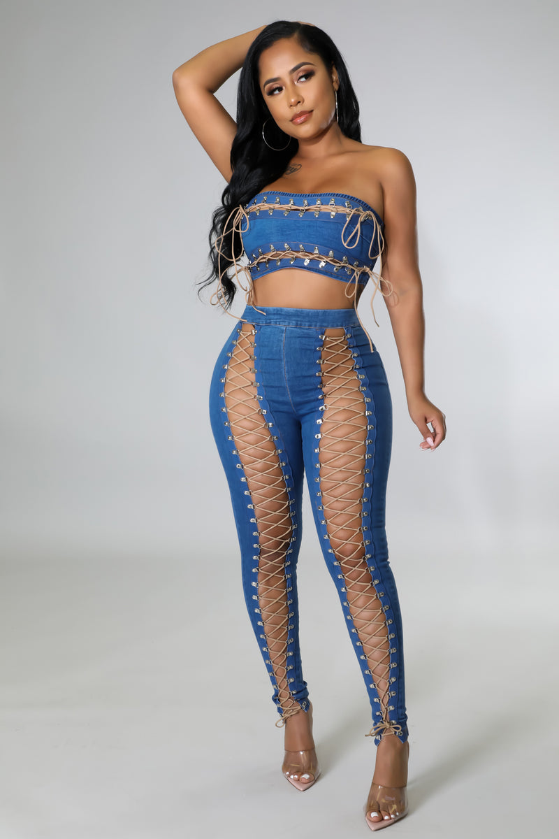 Denim Tube Top Lace up Pants Set