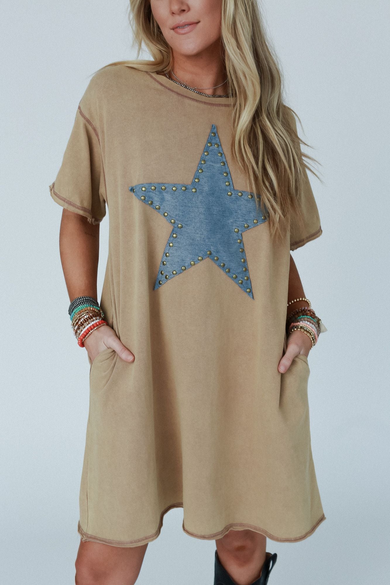 Celestial Star Patch Tee Dress - Latte