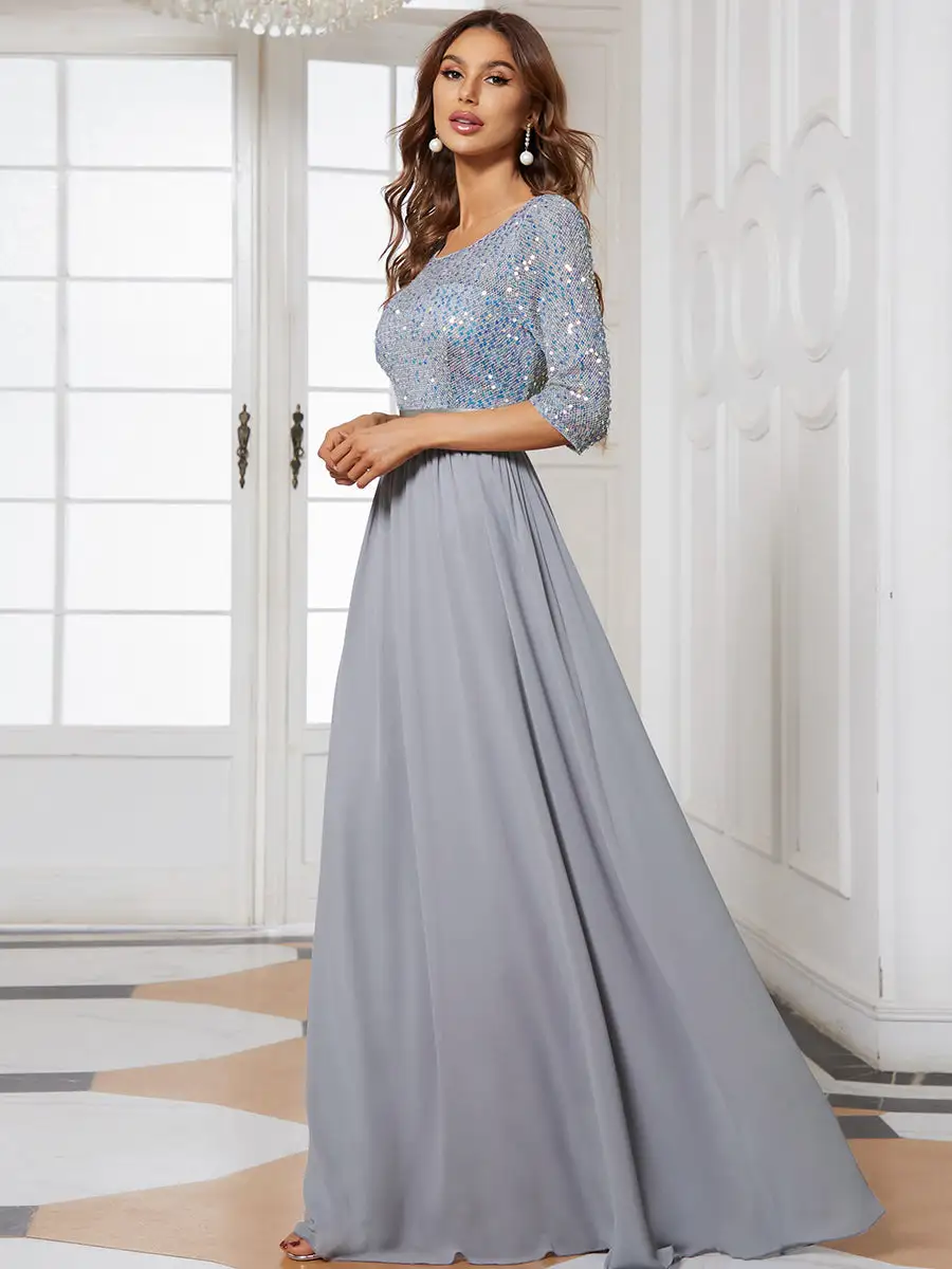 Elegant Round Neckline 3/4 Sleeve Sequins Patchwork Wholesale Evening Dress