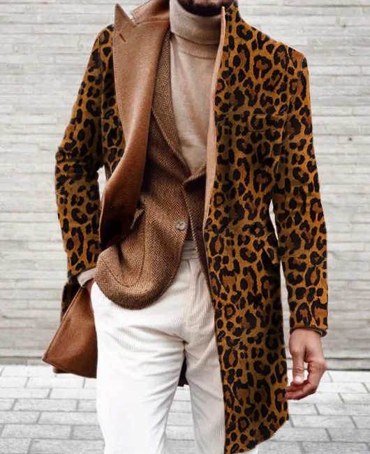 OK Leopard Pattern Lapel Collar Single Breasted Long Coat