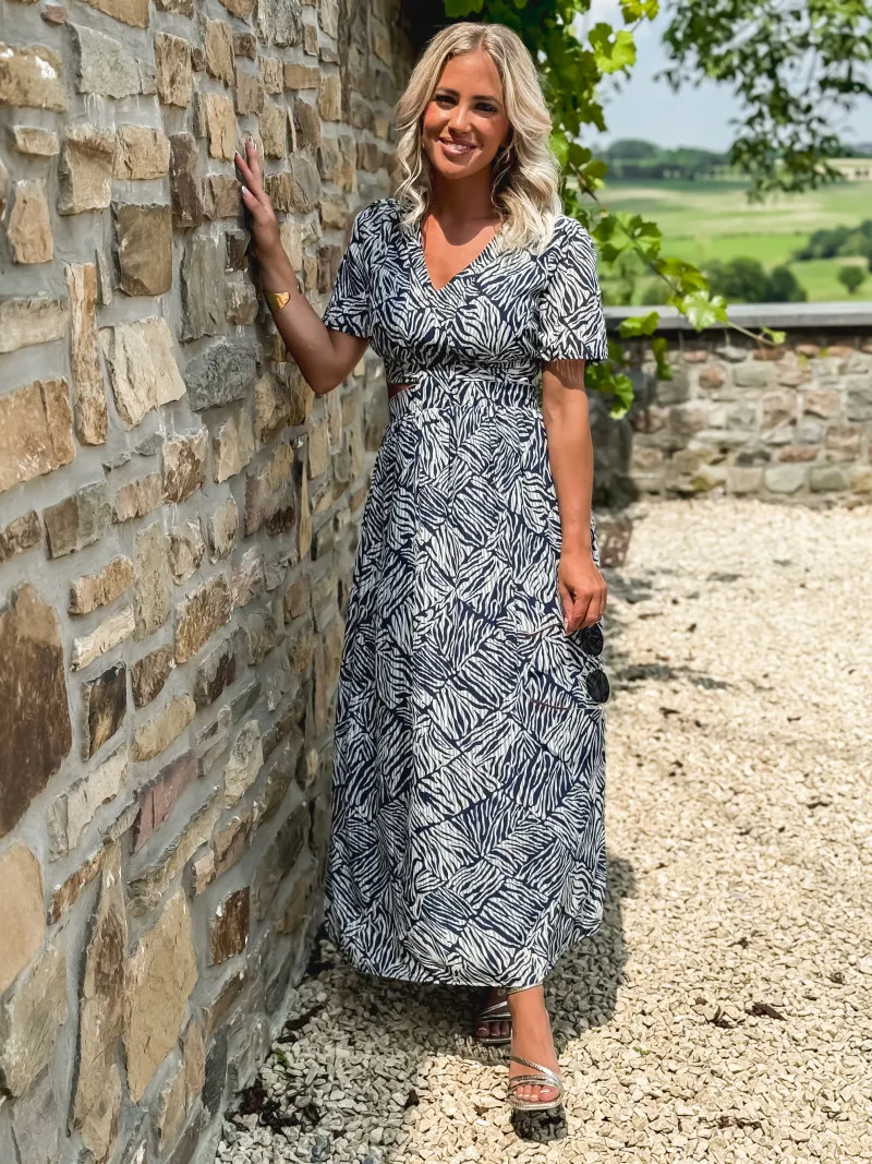 MYA PATTERNED SHORT SLEEVE DRESS - NAVY BLUE