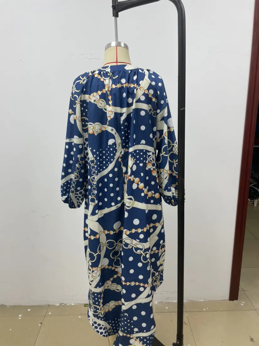 Women Printed V-Neck Long Sleeve Long Dress