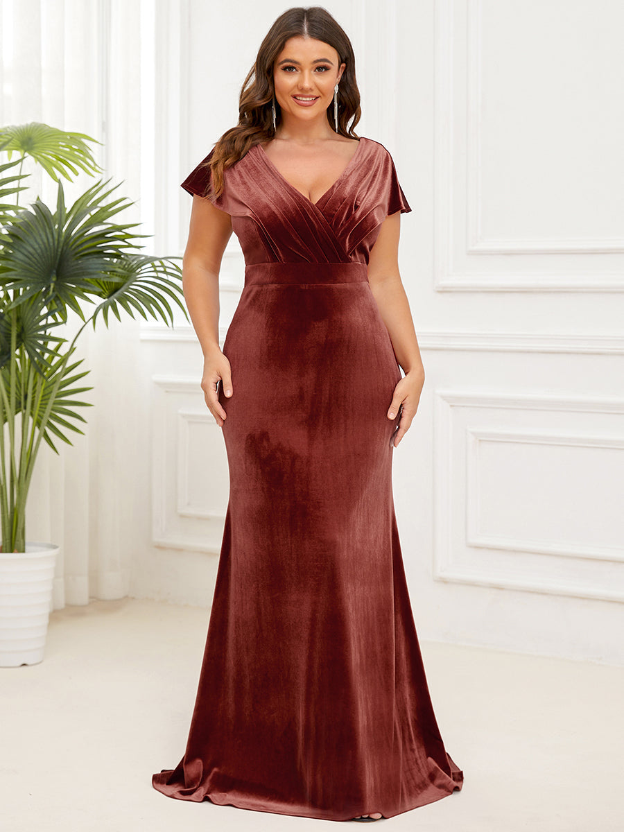 Plus Deep V Neck A Line Wholesale Evening Dresses with Short Sleeves