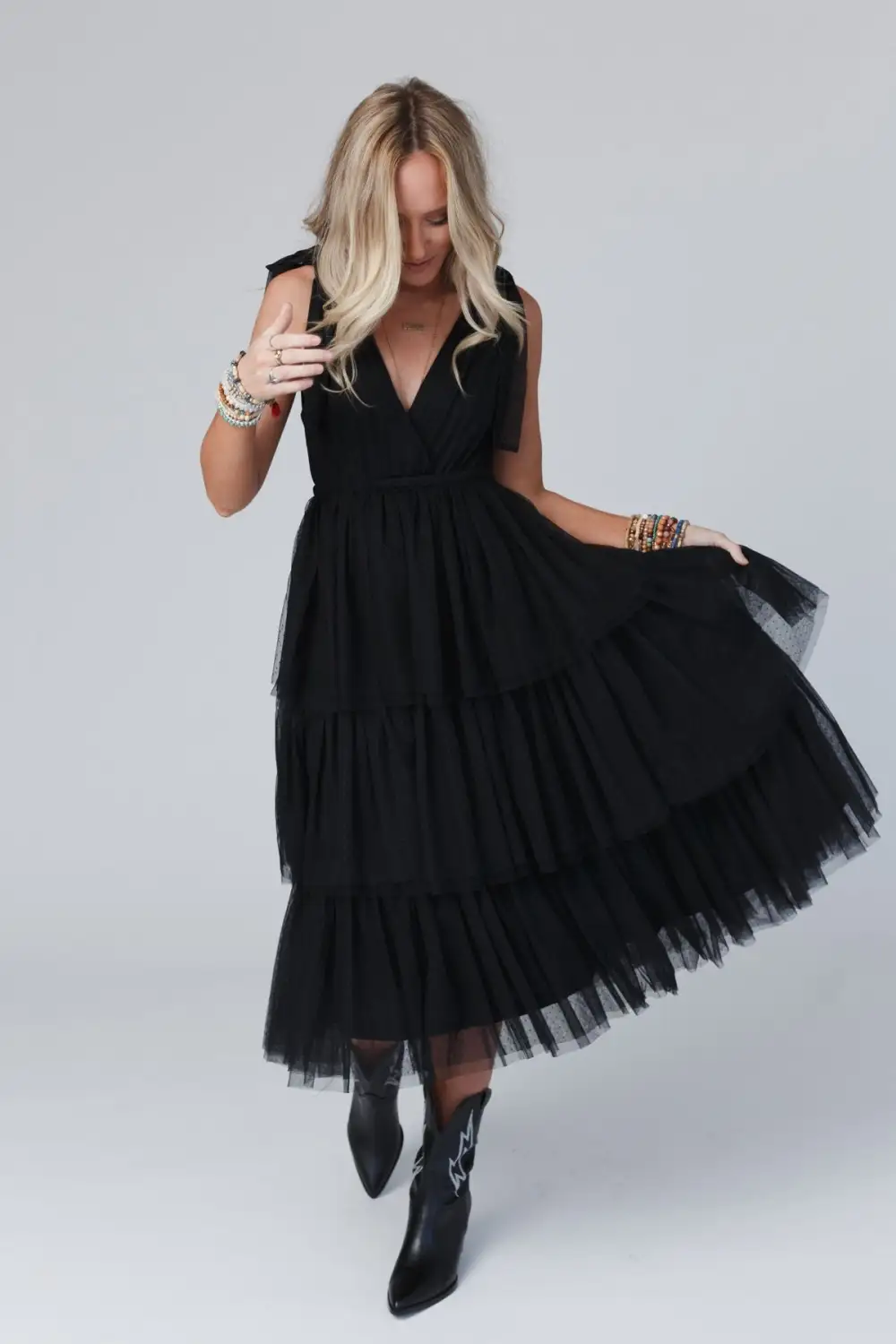 Boho Ballerina Tiered Tulle Dress - Black