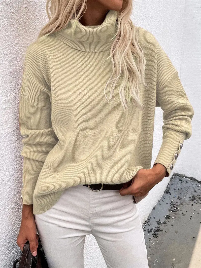 Women's Sweaters High Head Button Solid Long Sleeve Sweater