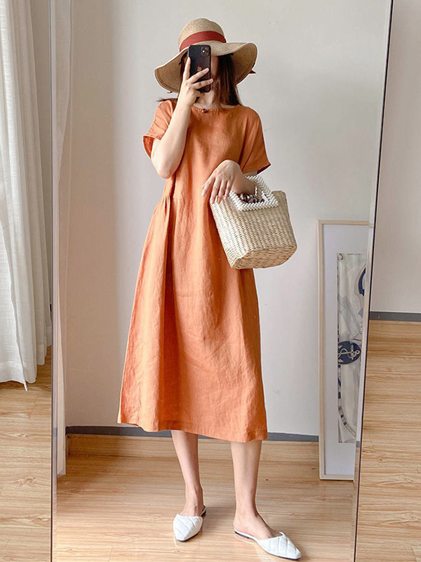 Casual Loose Solid Color Round-Neck Midi Dresses