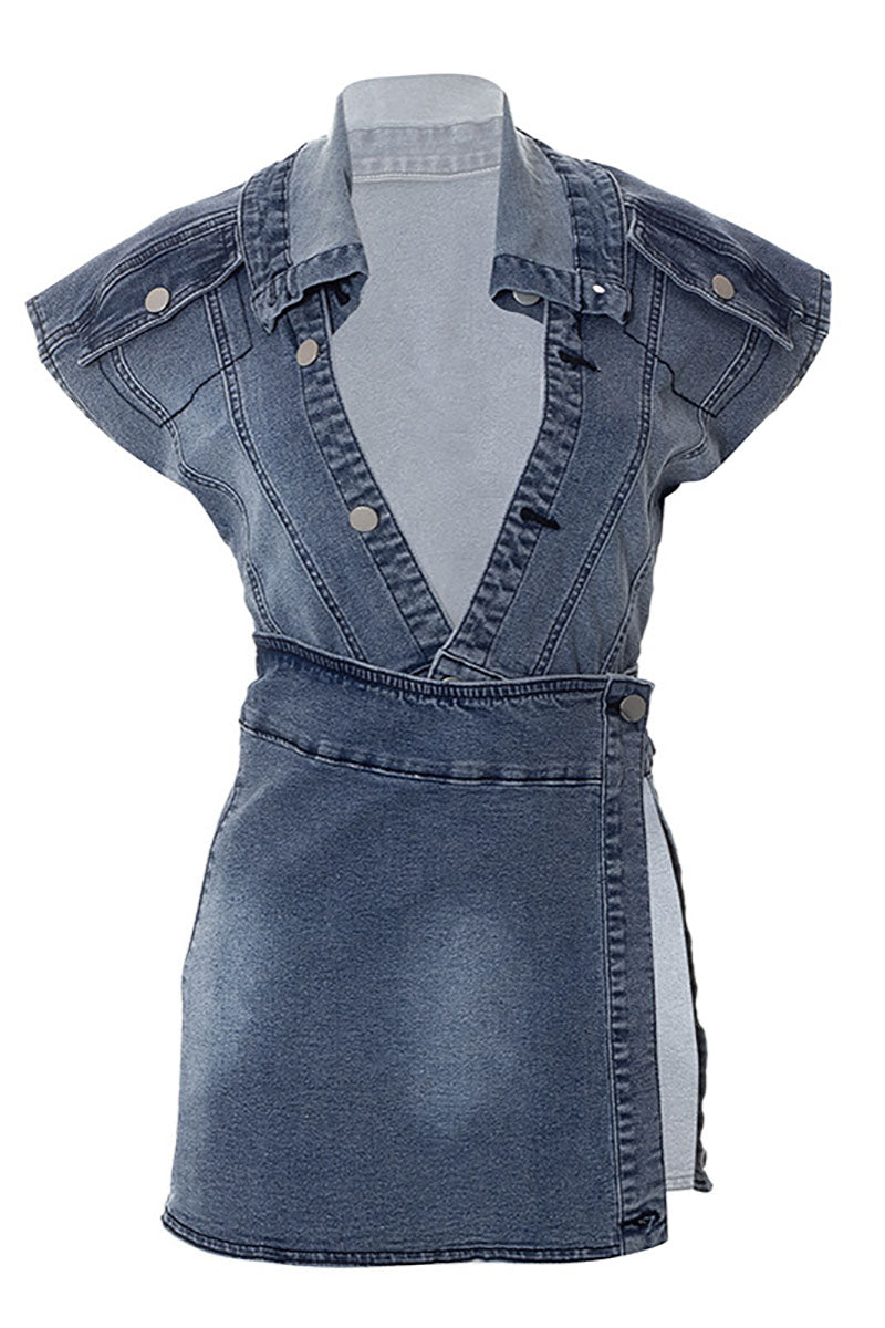 Denim Deep V Sleeveless Top Slit Mini Skirt Matching Set