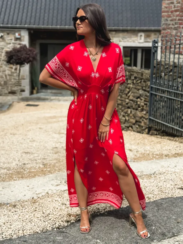 KATALYNA PATTERNED LONG DRESS - RED