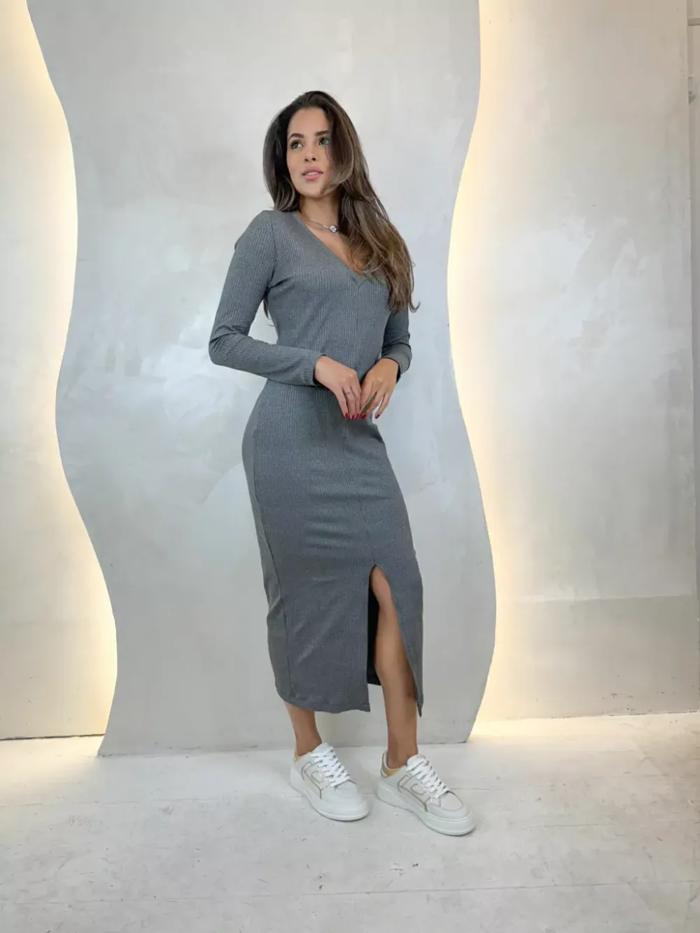 Ribbed V-Neck Midi Dress