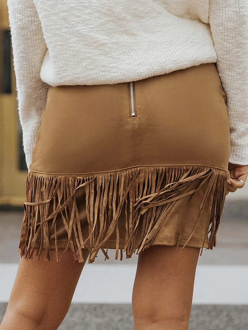 TASSEL ZIPPED POCKETS HIGH WAIST MINI SKIRT