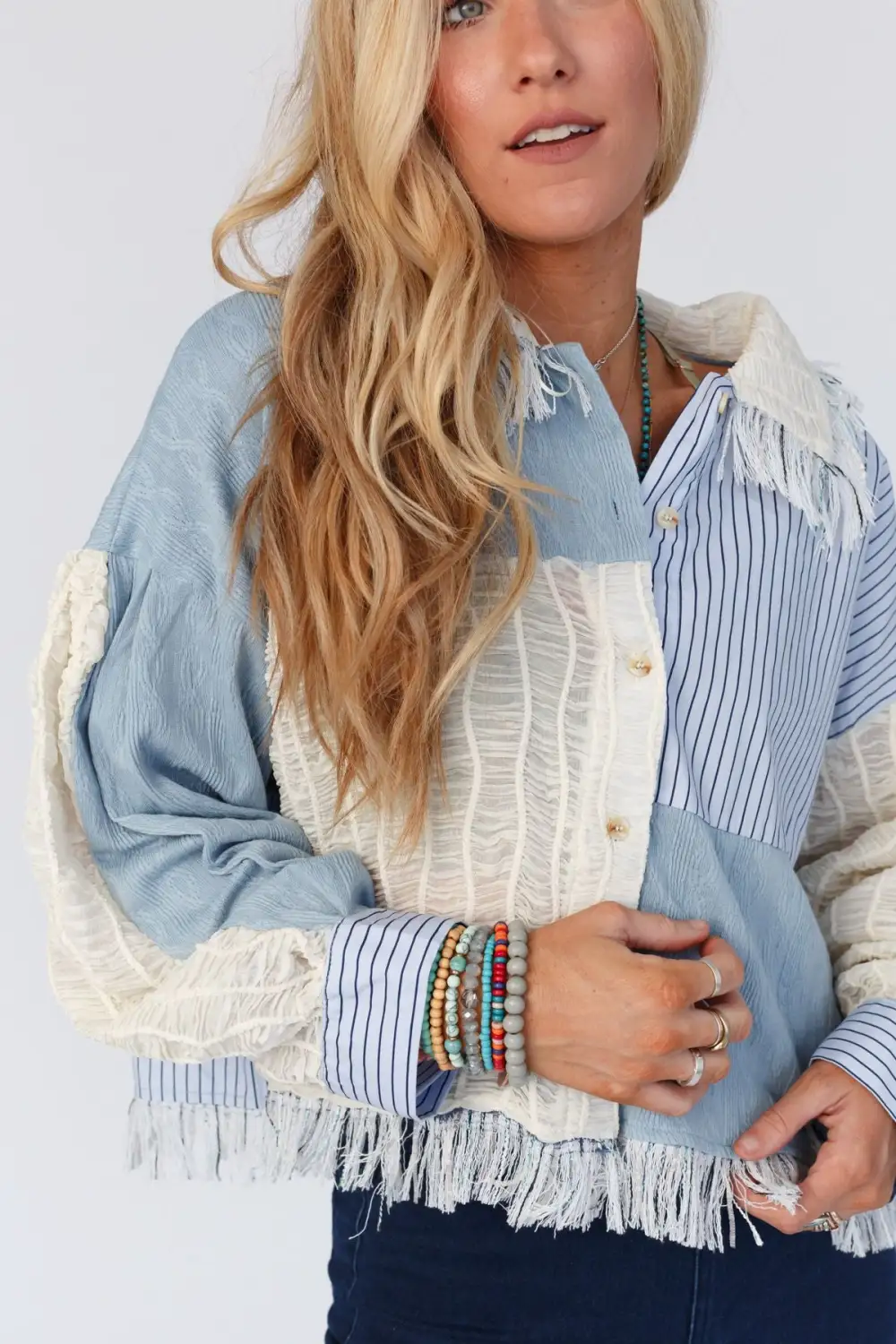 Juni Fringe Button Up Top - Blue Multi