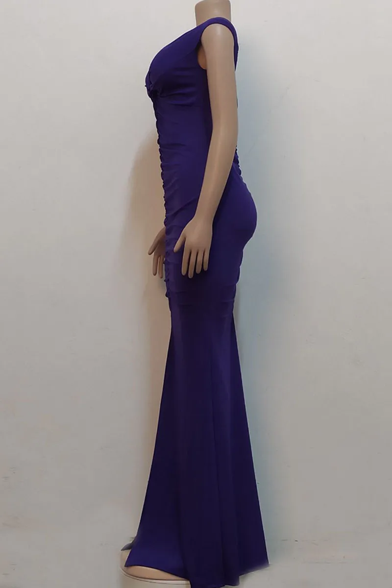 Purple Sexy Elegant Solid Split Joint Slit Fold V Neck Straight Dresses