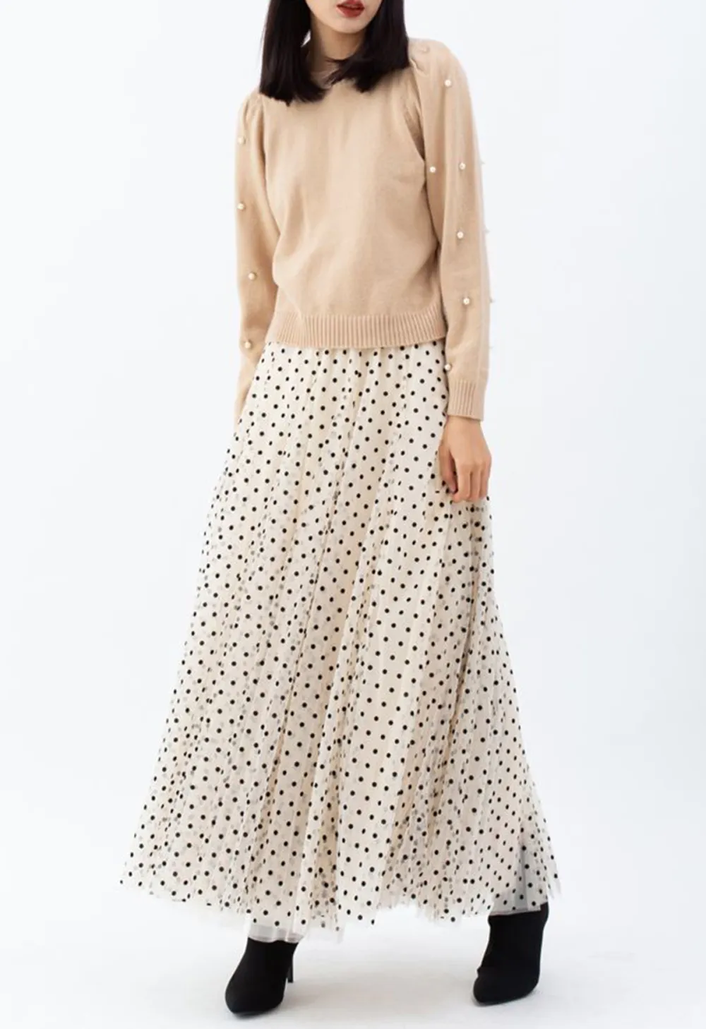 MY SECRET GARDEN TULLE MAXI SKIRT IN CREAM DOTS