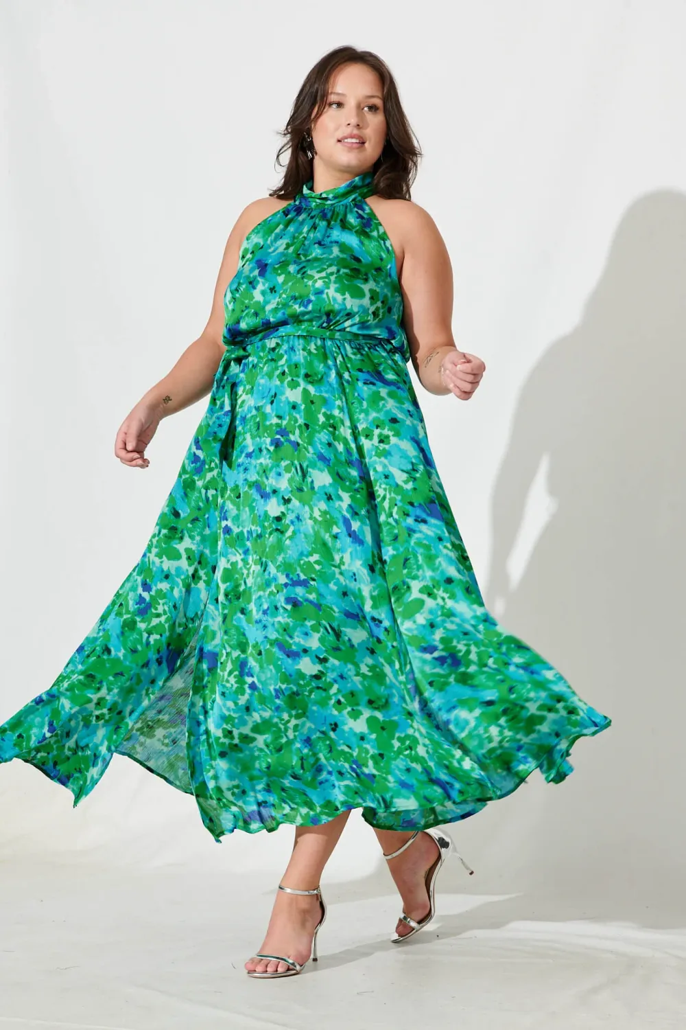 Kiss Me Halter Neck Maxi Dress In Green Watercolour Print