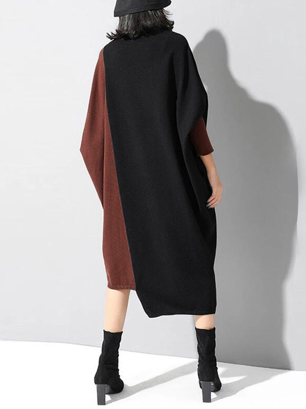 Casual Loose Split-Joint Contrast Color High-Neck Long Sleeves Dress