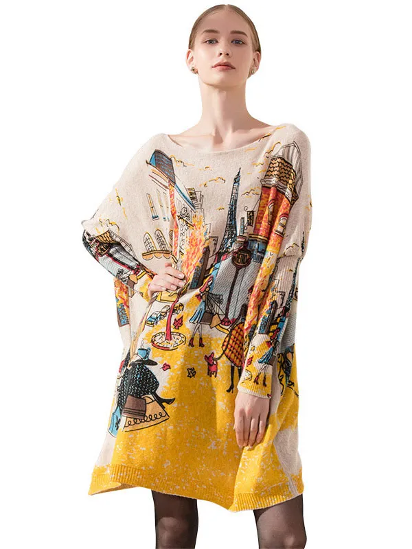 Original Loose Cartoon Printed Round-Neck Long Sleeves Sweater Dress