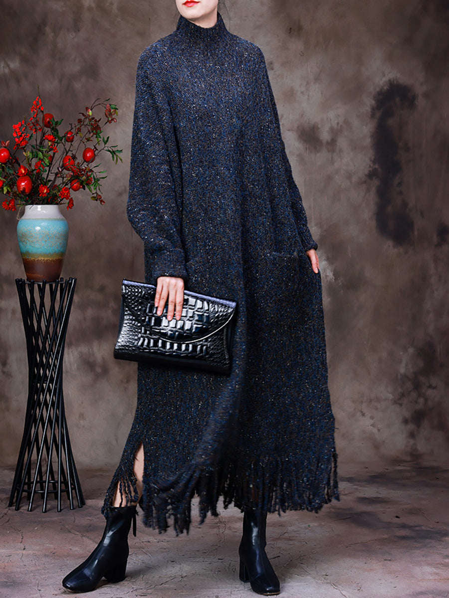 Winter Women Warm Wool Tassel Maxi Dress