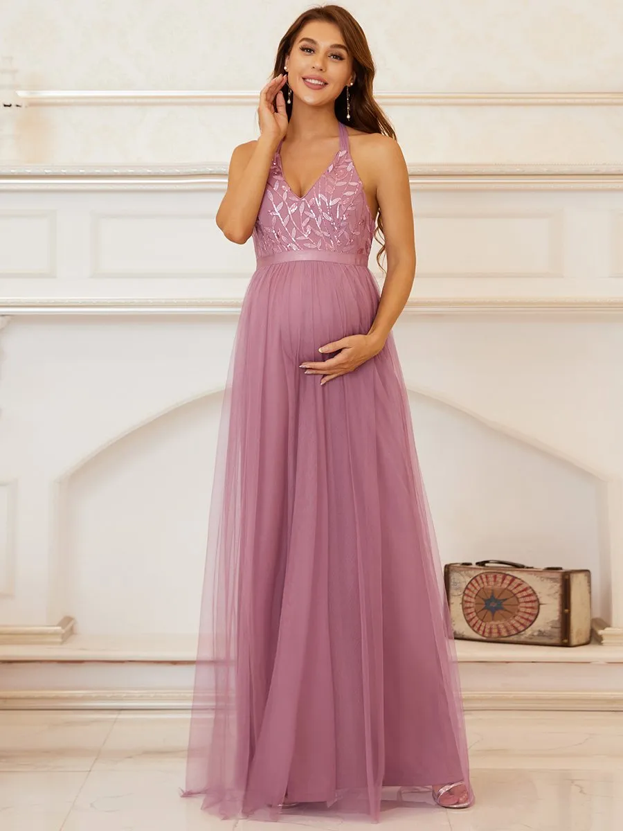 A Line Floor Length Halter Neck Wholesale Maternity Dresses