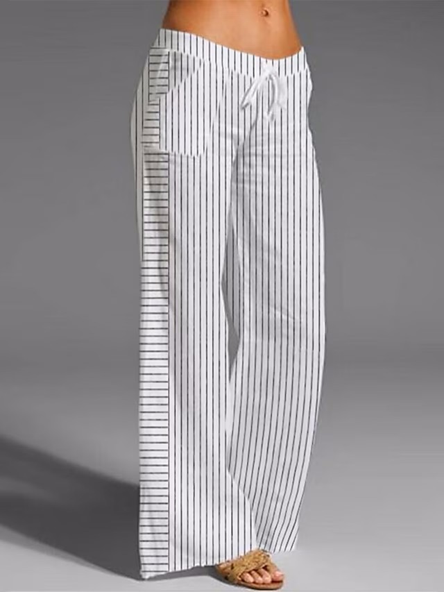 Cotton and Linen Elastic Waist Wide-leg Comfortable Striped Casual Pants