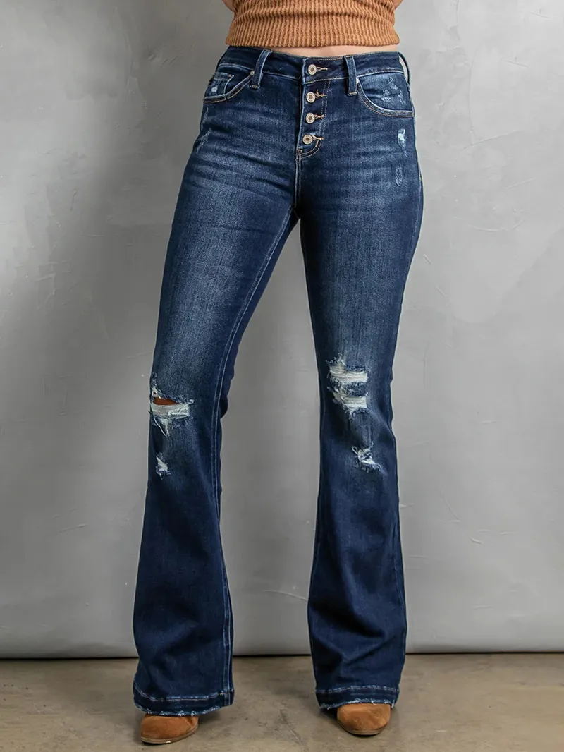 Women's Versatile Button Flared Jeans