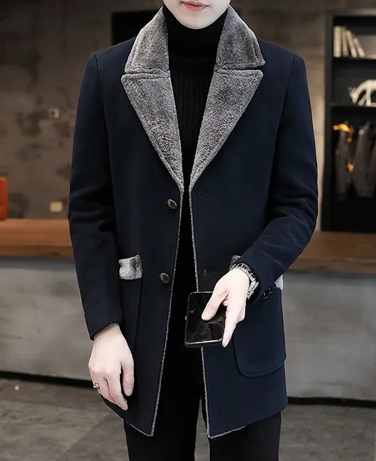 Notch Lapel Single Breasted Pockets Woolen Coat