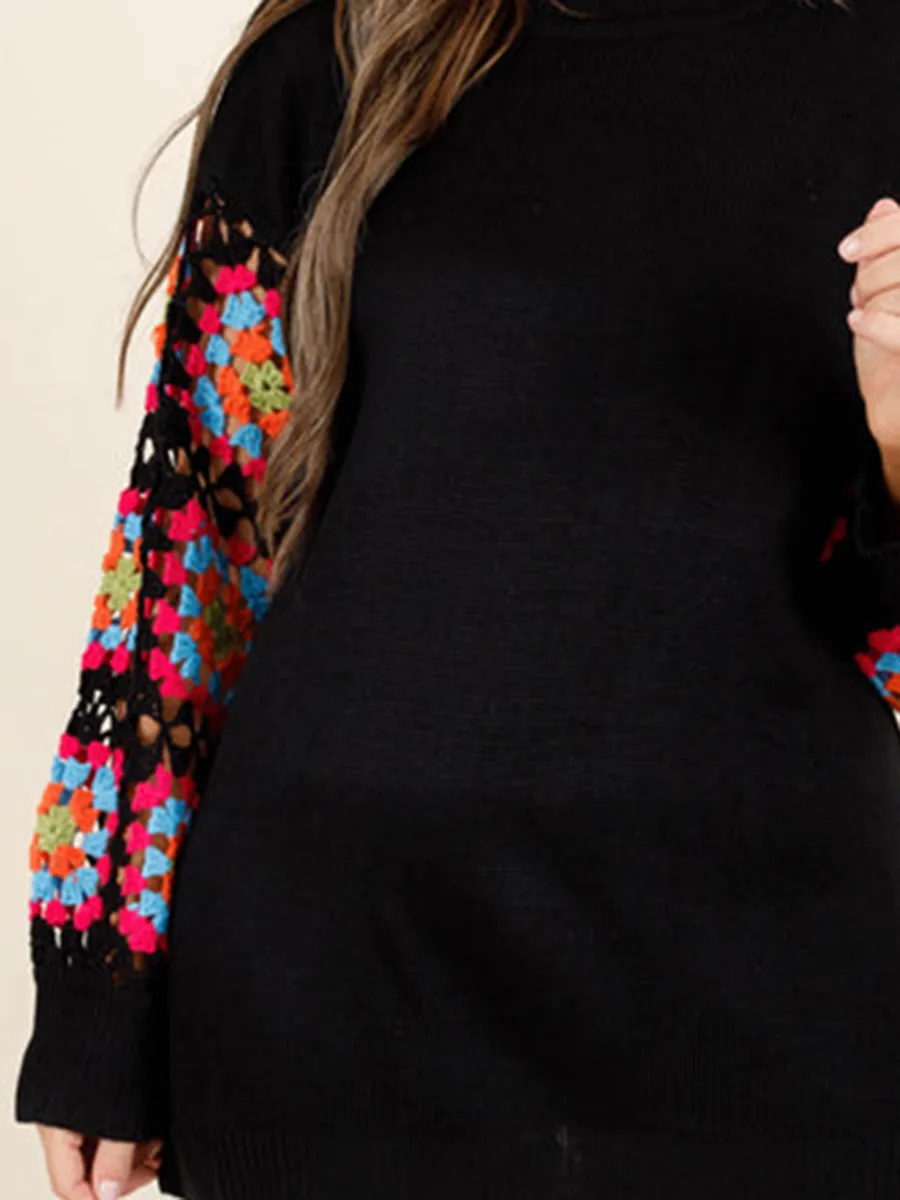 Black patchwork colorful embroidered sleeve sweater