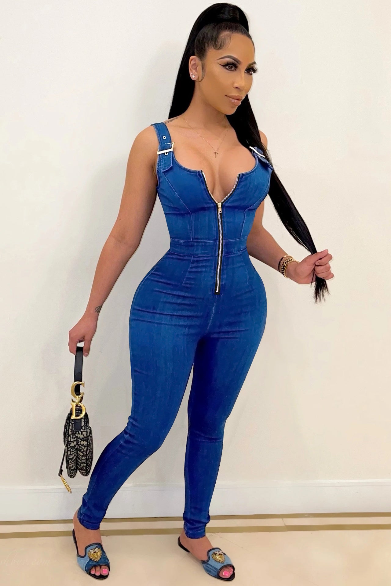 Denim Style Zipper Slip Jumpsuit