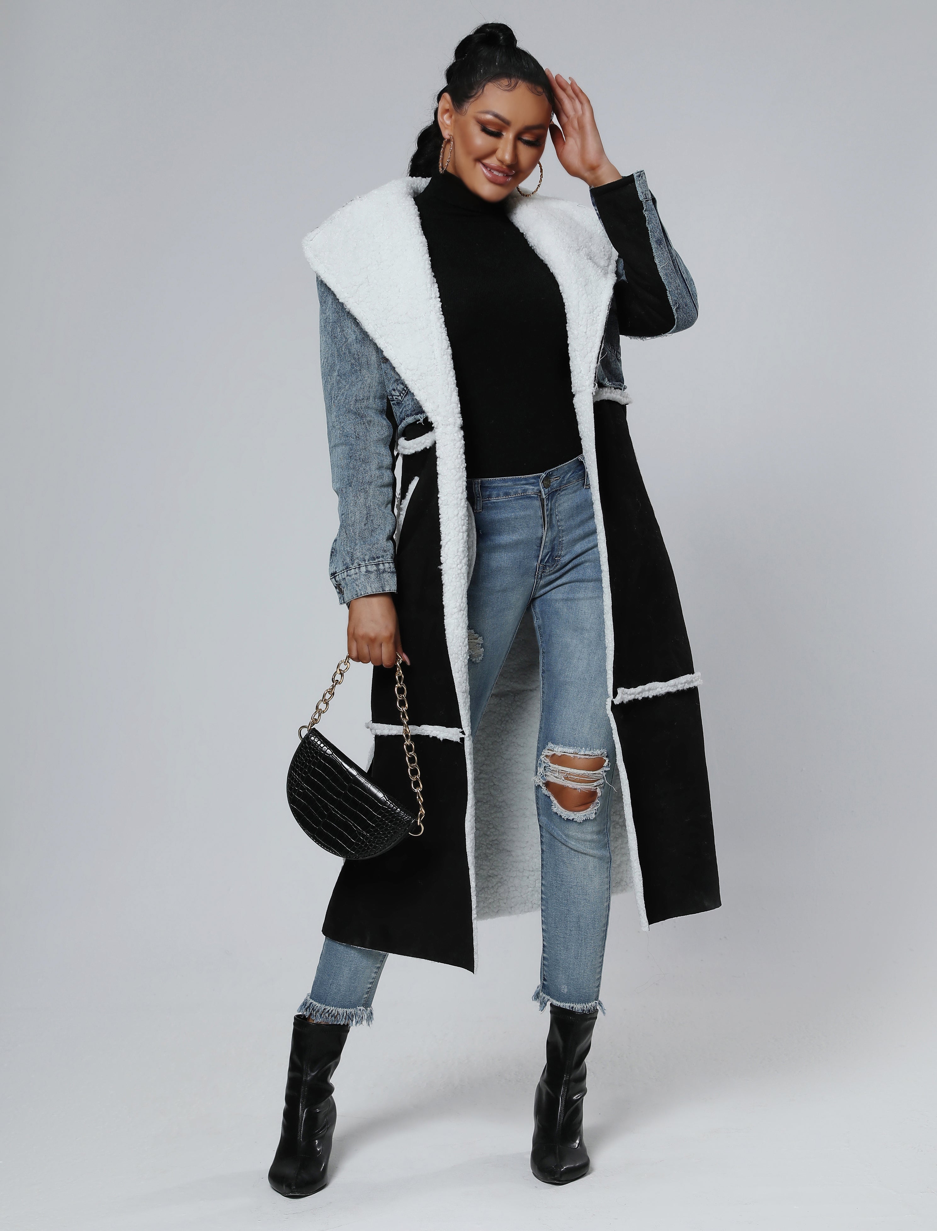 Winter Stitching Fur & Denim Coat Long Outerwear