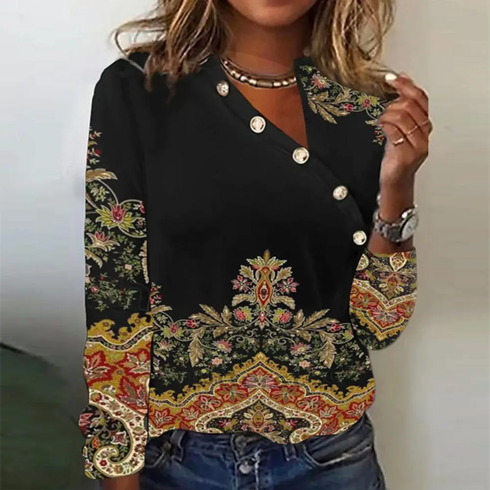 Retro Print Long Sleeve V-Neck Top