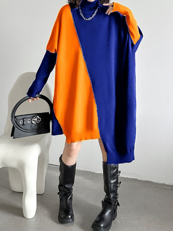 Batwing Sleeves Long Sleeves Asymmetric Contrast Color Split-Joint High Neck Midi Dresses Sweater Dresses