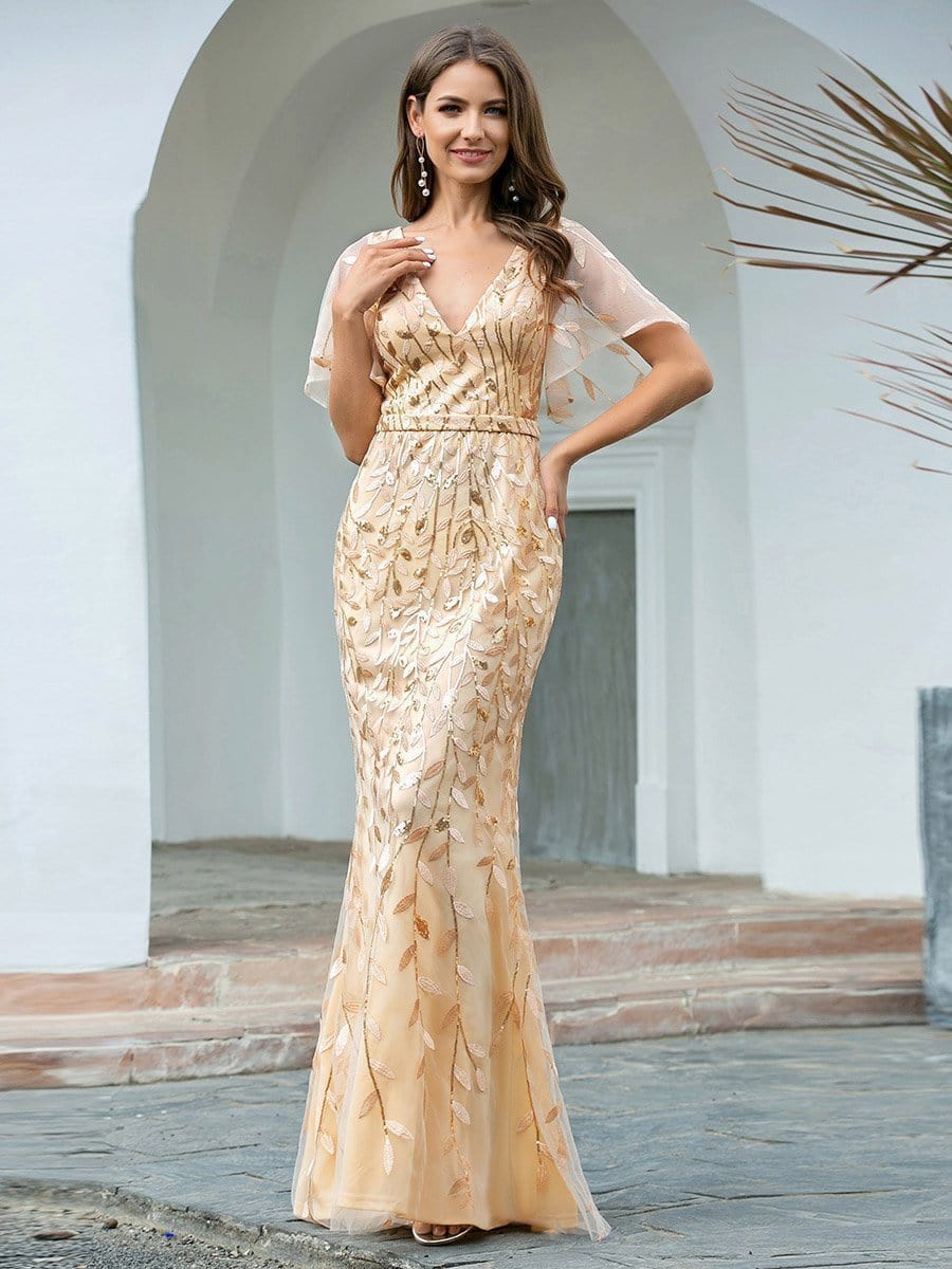 Gorgeous V Neck Leaf-Sequined Fishtail Wholesale Party Dress