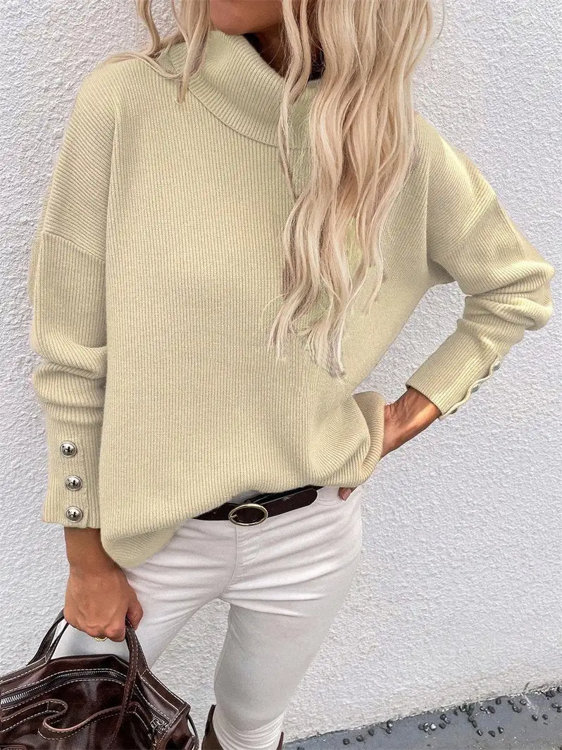 Women's Sweaters High Head Button Solid Long Sleeve Sweater