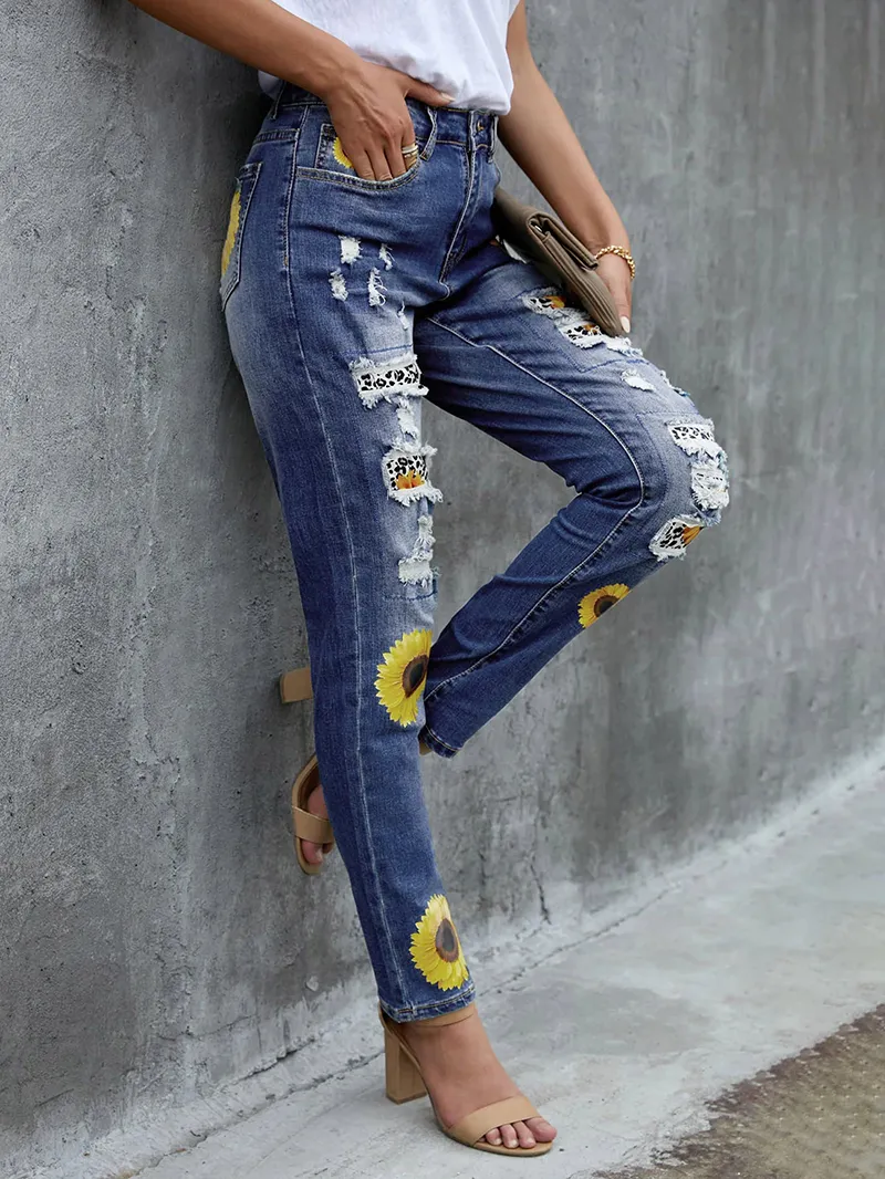 Women's vintage sunflower print patchwork ripped jeans