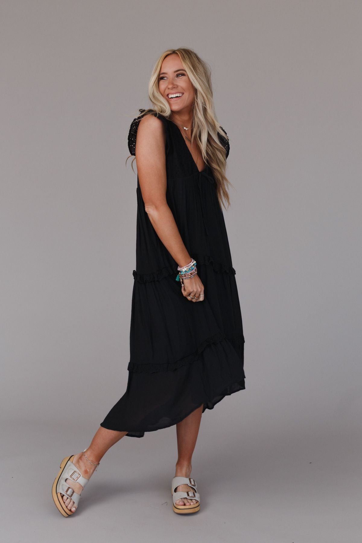 Mina Tiered Scallop Edge Maxi Dress - Black