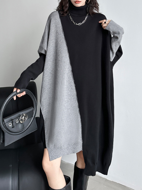 Batwing Sleeves Long Sleeves Asymmetric Contrast Color Split-Joint High Neck Midi Dresses Sweater Dresses