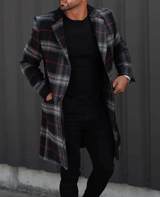 Notch Lapel Buttons Utility Pockets Plaid Long Coat