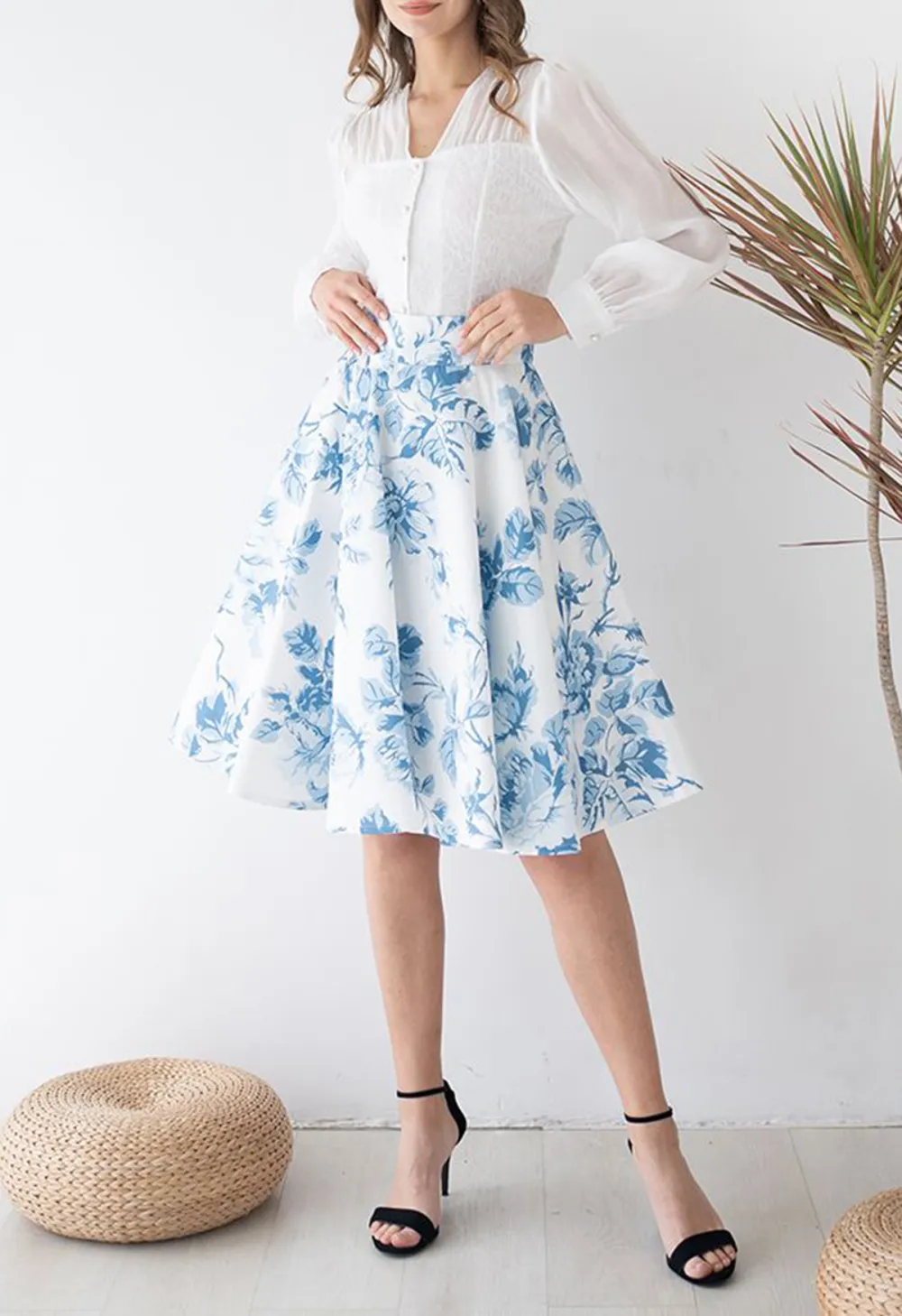 BLUE WATERCOLOR PEONY FLARE MIDI SKIRT